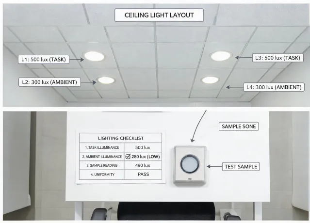 Lighting specification checklist beside ceiling plans